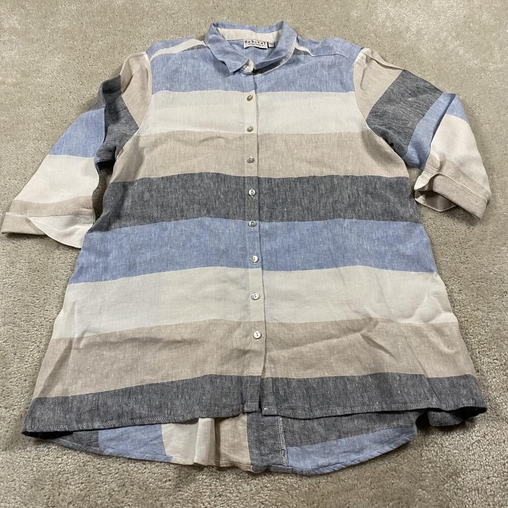 Habitat Shirt Womens L Multicolor Striped 100% Linen Button Front Tunic Top